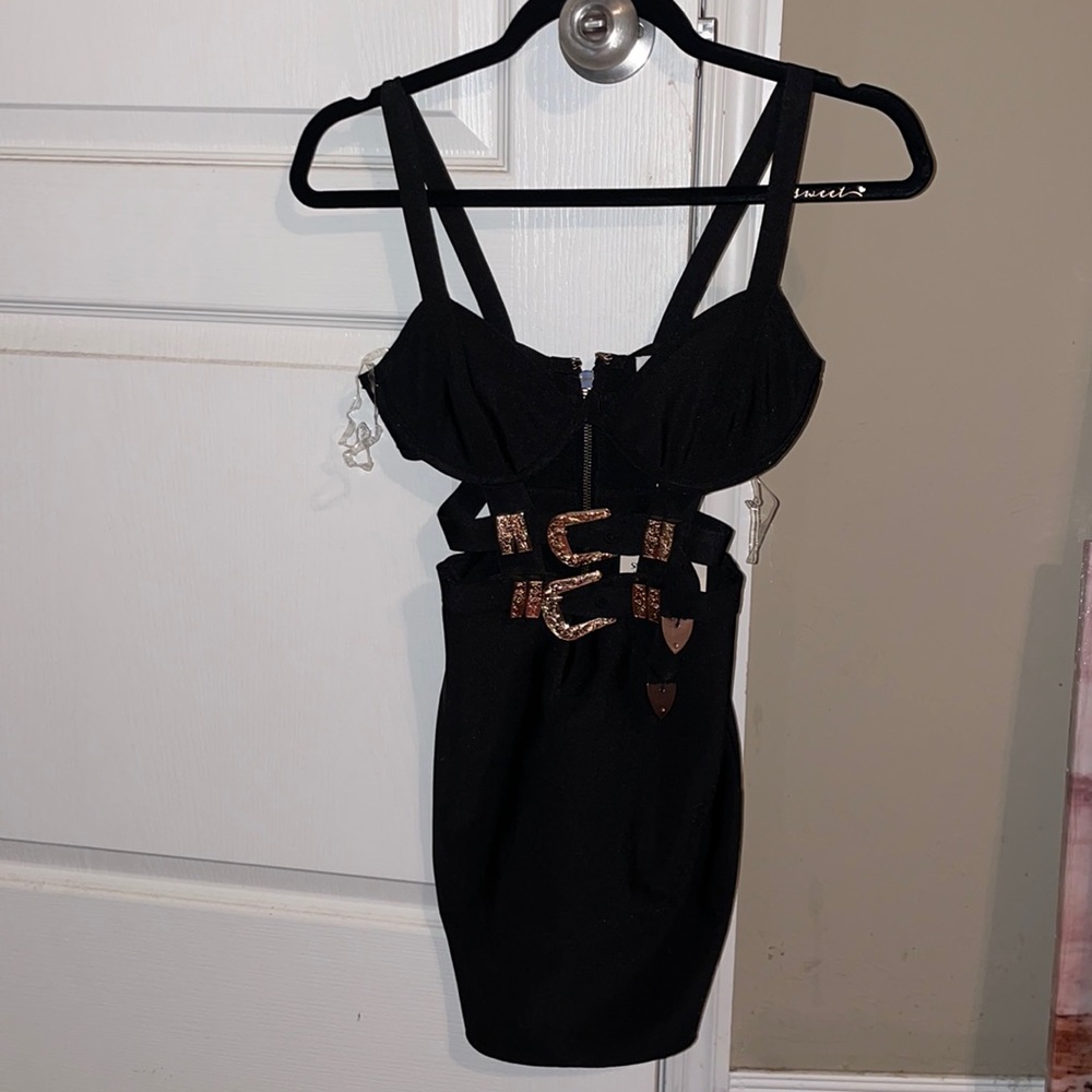 Black short dress with gold belts